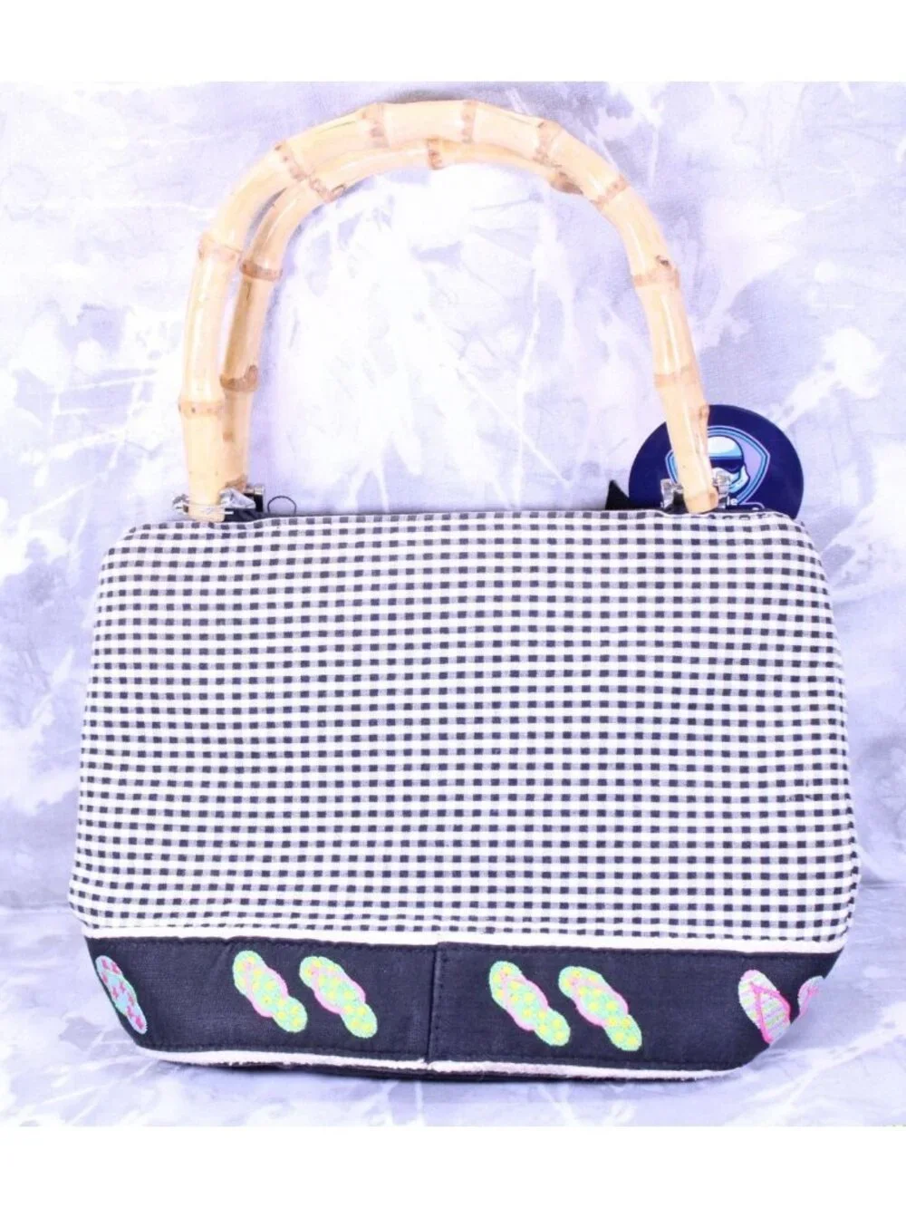 CROFT & BARROWS Checkered Bamboo Handle‎ Statement Purse W Embroidered Flipflops